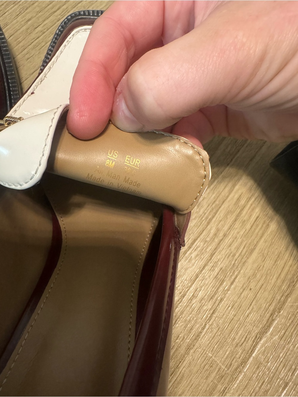 Sam Edelman Two-Tone Burgundy and Cream Block Heel Loafers with Gold Chain - Picture 5 of 6